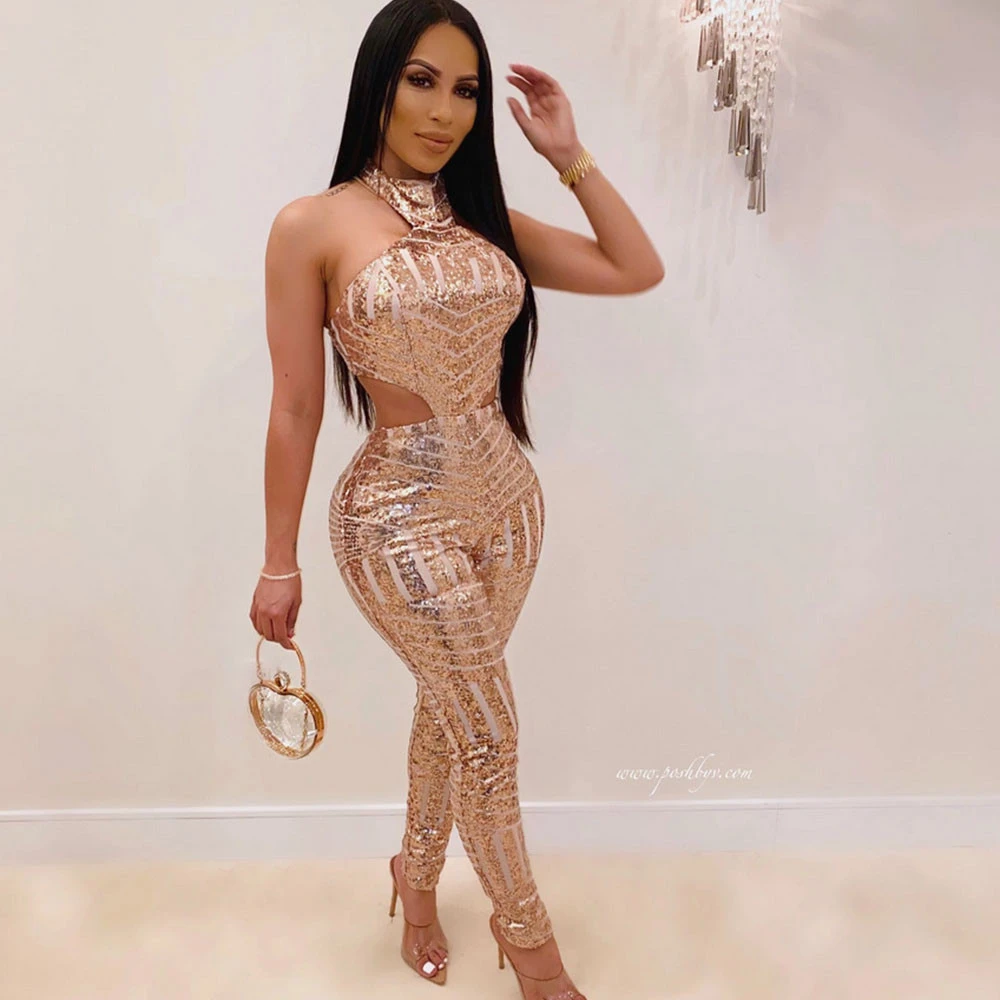 open back glitter sequin halter dress