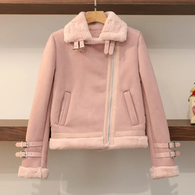 

2019 Winter New Pink Fur One-body Loose Plus Short Coat Full Zippers Turn-down Collar Women Jacket Coat