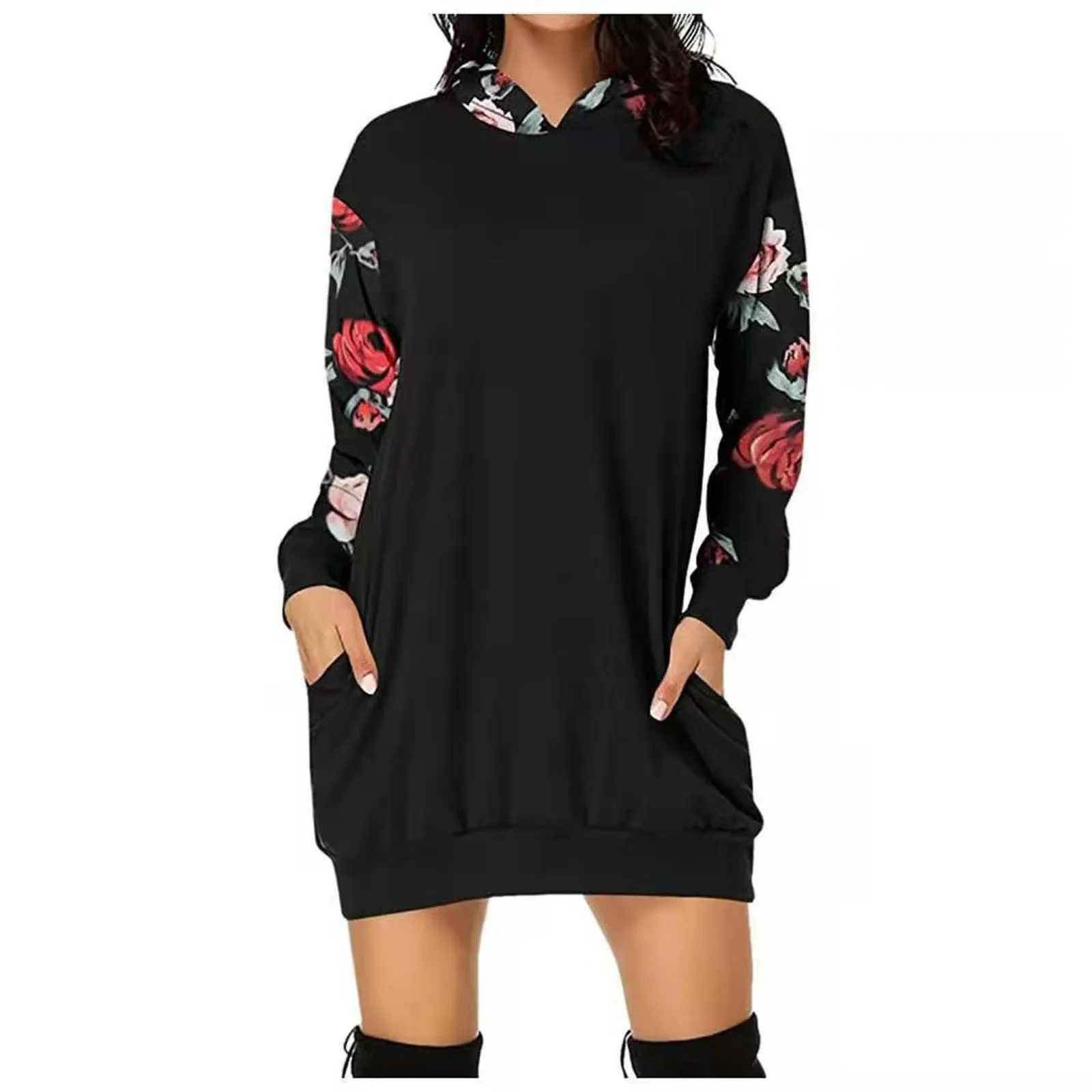 new Women's Fashion Printed Splicing Loose Pocket Long Sleeve Sports Dress Hooded Warm Simple Casual Sweatshirt Vintage Vestido 1