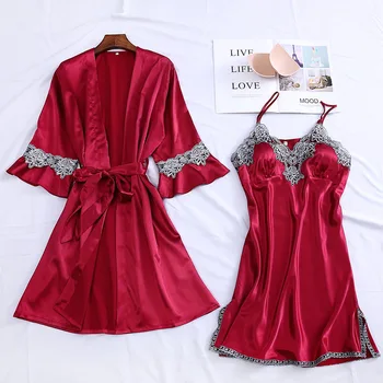 

Bride Bridesmaid Wedding Robe 2PCS Satin Kimono Bathrobe Gown Female Sexy Nighty&Robe Suit Silky Sleepwear Intimate Lingerie