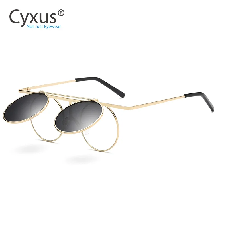 Cyxus унисекс Ретро двойные сложенные Круглые Солнцезащитные очки Uv400 поляризованные очки для мужчин и женщин металлическая оправа 1970