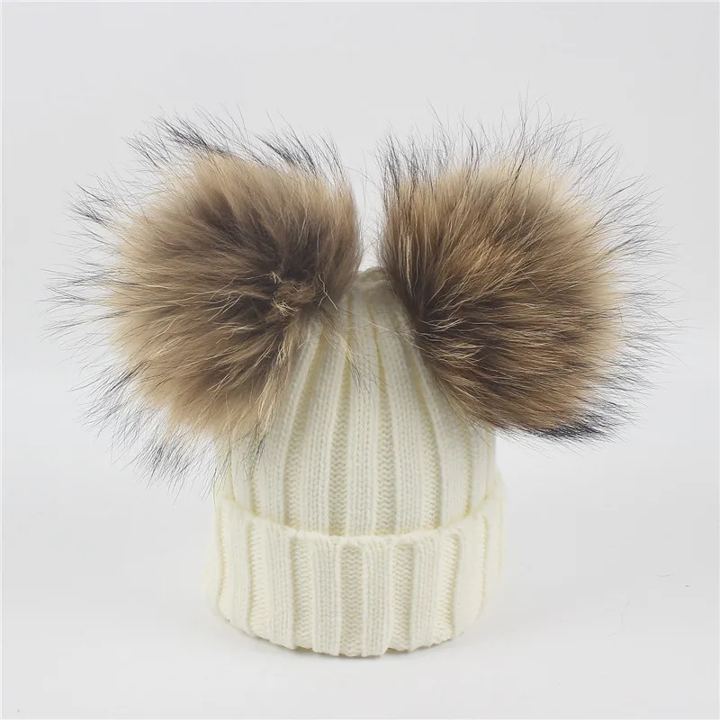 Белый Hair ball knit hat children's double braid hair ball curling wool hat autumn winter boy girl baby warm hats Skullies& Beanies - Цвет: Белый