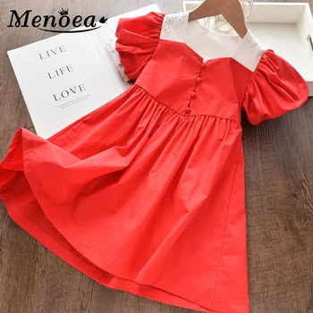 

Menoea Girls Summer Bubble sleeves Dresses Fashion Children Solid-Color Luckily Printed Princess Dress Kids Button Clothes