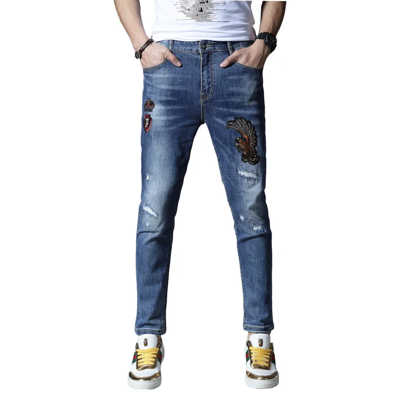

New skinny men's jeans ripped jeans for men embroidery elastic pants trousers cotton hip hop Summer Spring blue