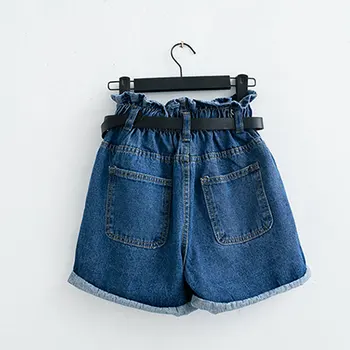 

Summer High Waist Denim Shorts Women Casual Loose Ladies Fashion Roll Up Hem Elastic Waist Pocket Blue White Jeans Female 2020
