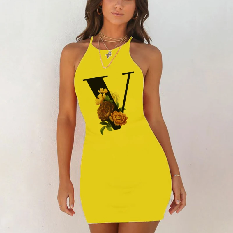 Sexy Nightwear Sleepwear Nightgown Night Shirts Summer Women 26 English Alphabet Print Pack Hip Nightie Yellow Night Dress women nightgowns women nightdresses sleeping dress