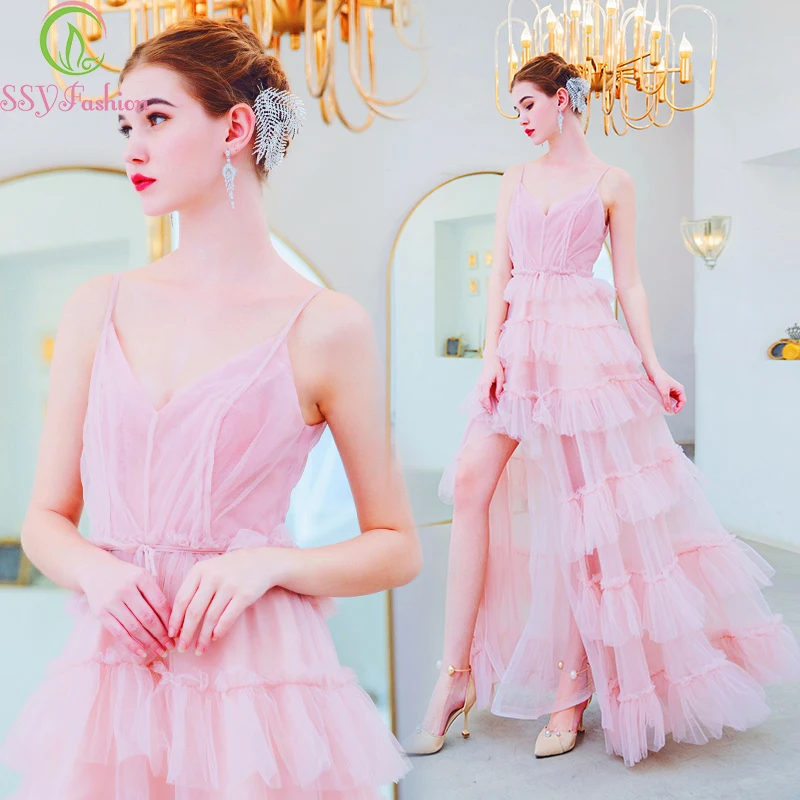 

SSYfashion Strap Sleeveless V Neck Split Tiered Long Pink Evening Dress Formal Dress Women Elegant Special Occasion Dresses