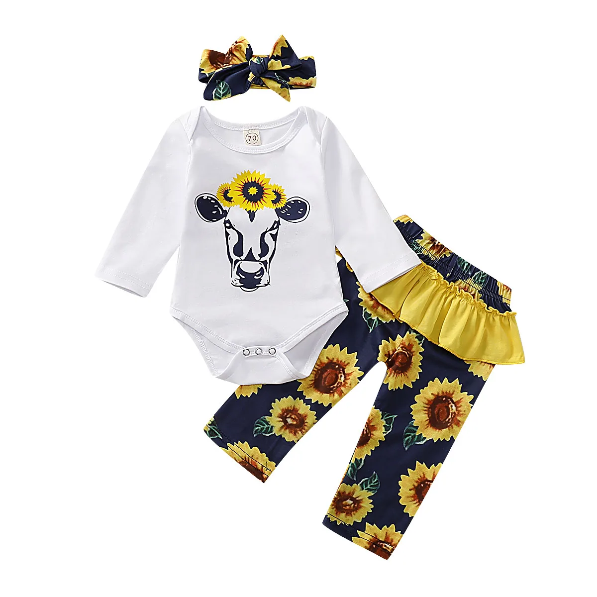 Emmababy комплект из 3 предметов; хлопковая одежда для новорожденных мальчиков и девочек; комбинезон с длинными рукавами и принтом подсолнухов и животных+ штаны с цветочным принтом; осенняя одежда - Цвет: Белый