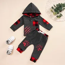 Зимняя хлопковая одежда для мальчиков; Эксклюзивная детская одежда в клетку с длинными рукавами и капюшоном; пуловер с принтом Лапы+ штаны; модная верхняя одежда