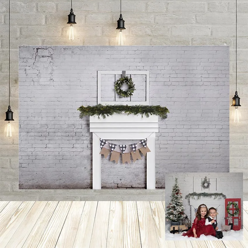 Фон для фотосъемки с изображением рождественской кирпичной стены камина омелы