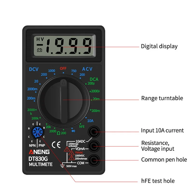 1 шт. DT830G мультиметр AC/DC Цифровой 750/1000 в Черный Автоматический диапазон ручные ЖК-цифровые мультиметры Вольтметр Амперметр Ом тестер