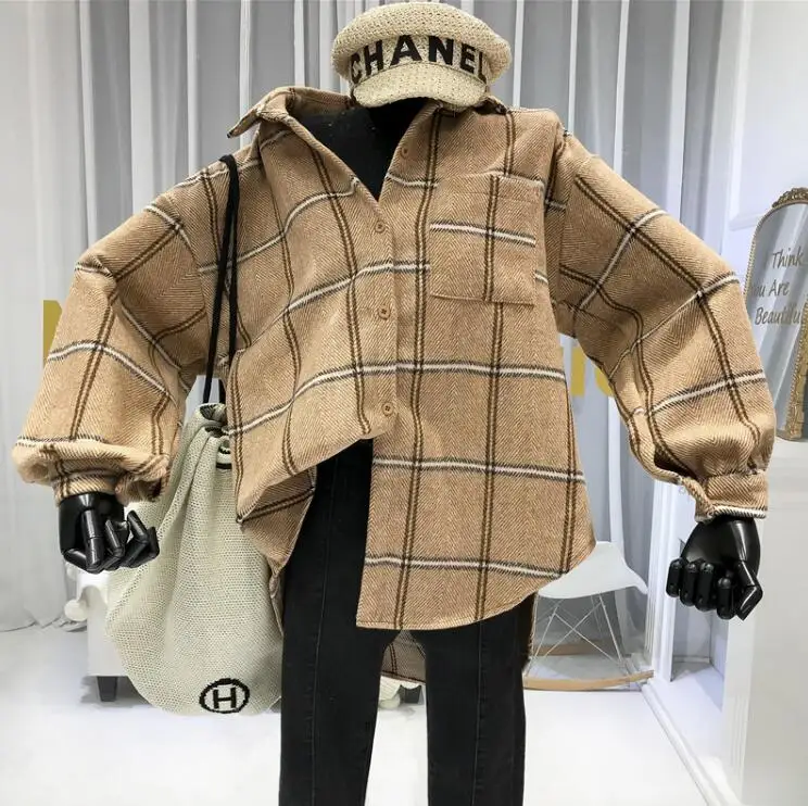 Хаки Новая осенняя и зимняя клетчатая рубашка в стиле ретро с длинными рукавами, Женская Корейская свободная шерстяная блузка, студенческие блузки, топы - Цвет: Хаки