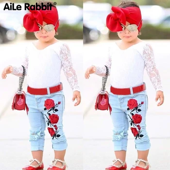 

2019 New Arrival Girls Fashion Lace Suit Rose Jeans 2 Piece Set Headband INS European Style Children's Clothing Suit 1-6 Yeas