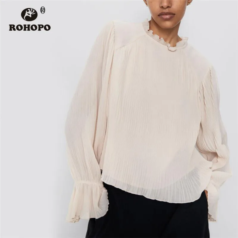 

ROHOPO Double Layer Khaki Chiffon Blouse Semi High Collar Overlocked Neck-line Butterfly Long Sleeve Solid Top Blusa #9489