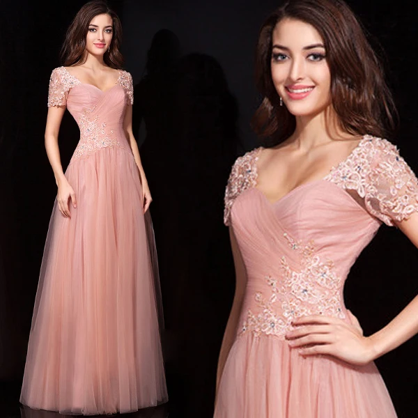 

short sleeve vestido longo new hot sexy long pink appliques tulle Evening Dress Formal gowns 2015 prom dresses robe de soiree