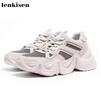

Lenkisen sell well mixed colors white sneaker cow leather round toe high heels thick bottom autumn lace up vulcanized shoes L29