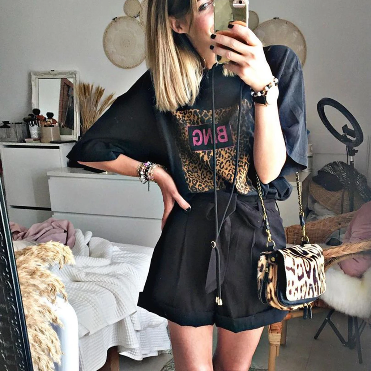 Jastie Retro Leopard Print Long T-Shirt Summer Women Short Sleeve O-Neck Pullover Tops 100% Cotton Tee Dress Oversize Tops Blusa