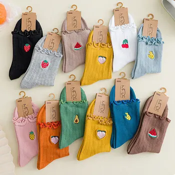

College Style Fruits Embroidery Cute Socks Streetwear Women Ruffles Socks Cartoons Mid-tube Socks Harajuku Autumn Winter Sock