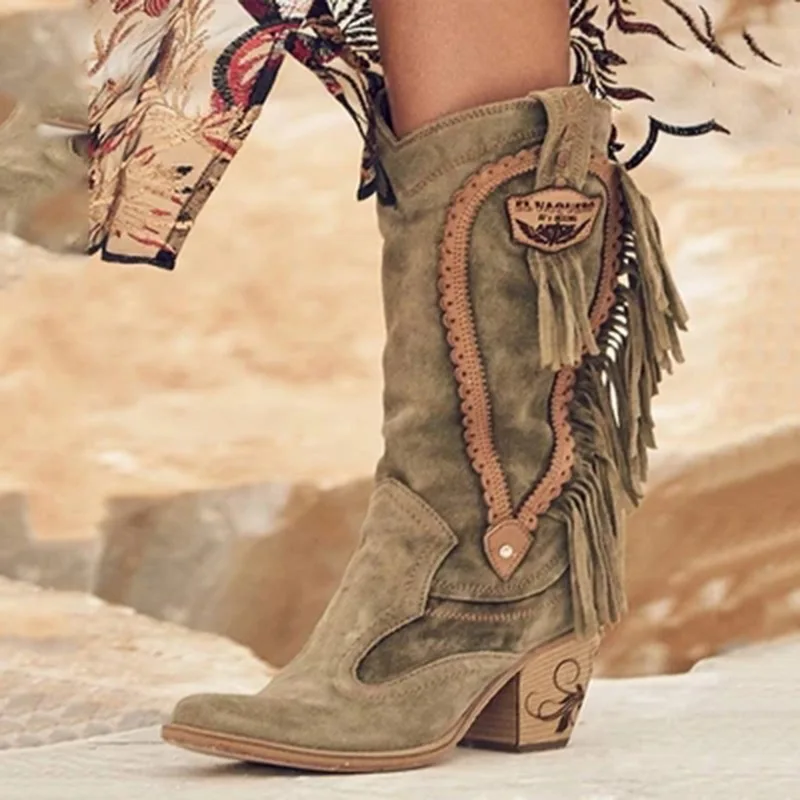 LASPERALTassel/женские ботинки до середины голени на низком каблуке в богемном стиле; ботинки в байкерском стиле; ковбойские ботинки с бахромой; женская обувь; сезон осень-зима