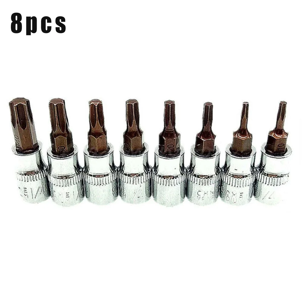 

8pcs Torx Star Impact Socket 1/4" Square Drive T8 T10 T15 T20 T25 T27 T30 T40 Plum Bit Hand Held Disassembly Tools