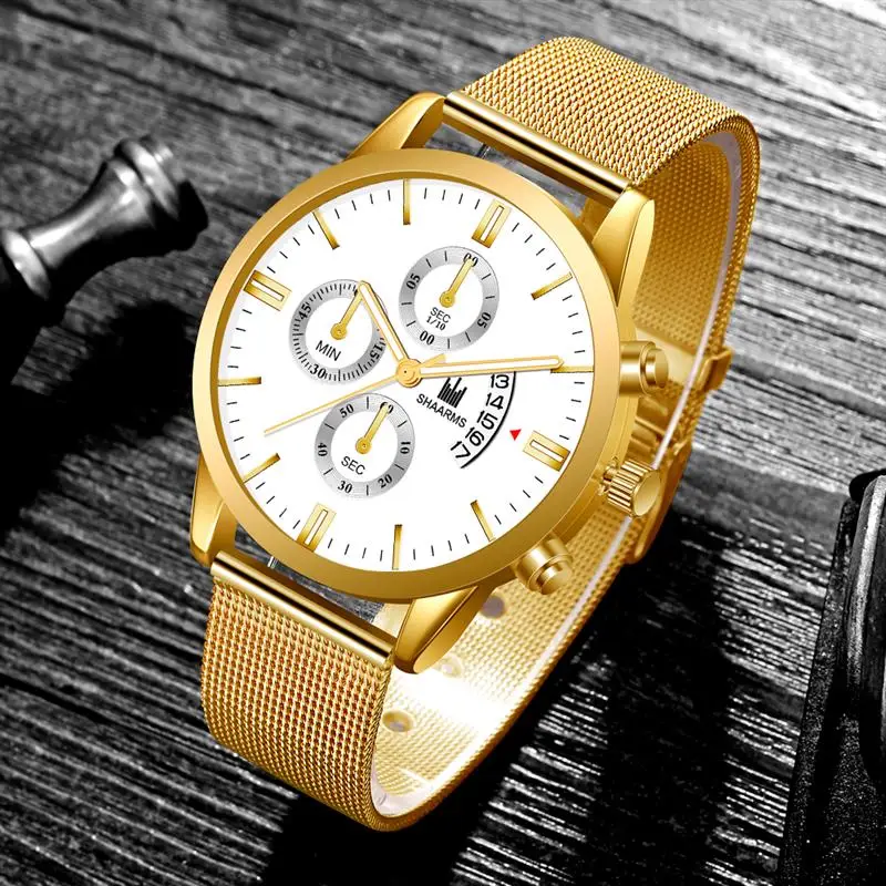 Классические Золотые сетчатые часы с датой часы мужские Роскошные Кварцевые часы из нержавеющей стали модные мужские наручные часы