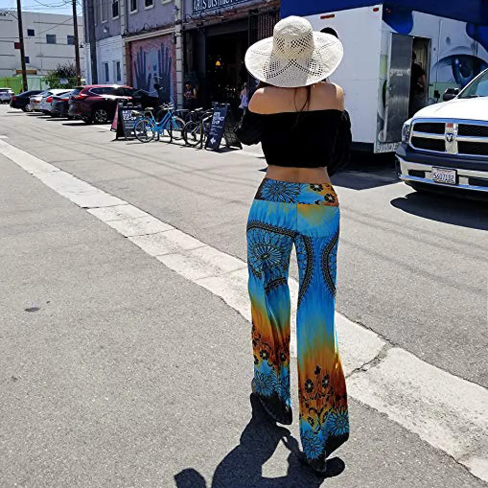 

2019 Women's Daily Casual Loose Print Stretchy Wide Leg Palazzo Lounge Long Pants Women Clothes Long Trousers Blue Dropshipping