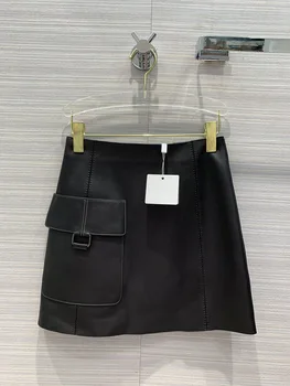 

Luxury Brand Leather Mini Skirt 2020 Early Autumn Women's Short Skirt Simple Thin Tooling Big Pocket Sheepskin Bag Hip Skirt New