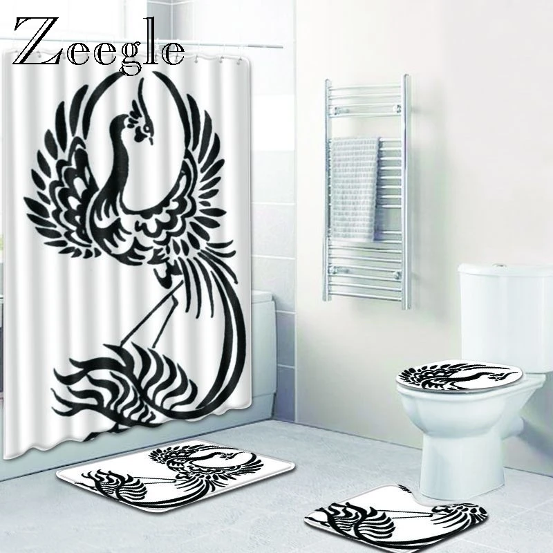 Zeegle Printed Cartoon Bath Mat with Shower Curtain Set Anti Slip Pedestal Rug Lid Toilet Cover Waterproof Shower Curtain Set