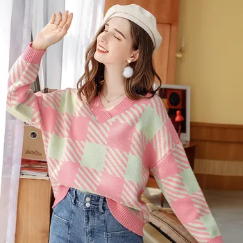 

Wasteheart Pink New Fashion Autumn Winter Women Sweater Warm Plus Size Plaid Pullovers Big Size Argyle Casual Sweater Knitted