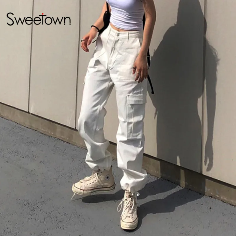 Sweetown, новинка, модные мешковатые брюки-карго для женщин, в стиле хип-хоп, с карманами, женские брюки, эластичные, с высокой талией, уличная одежда, штаны-шаровары - Цвет: white