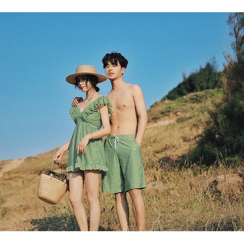 

Couples Swimsuit Skirt Split Type Three-piece Set Cover-up Green Grid Hipster Seaside Holiday Swimwear MEN'S Swimming Trunks