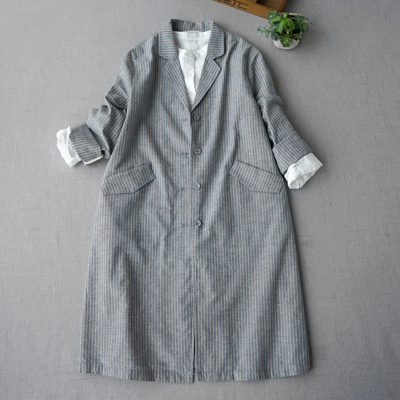 

Spring Autumn New Arrivals Women All-match Casual Loose Plus Size Japanese Style Striped Comfortable Linen Trench Coats 2 Colors