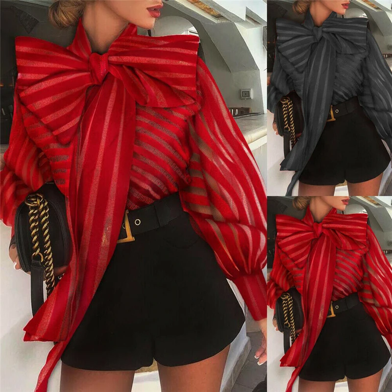 Women Mesh Sheer Striped Blouse See-through Long Sleeve Top Shirt Fashion Elegant Big Bowknot Black Red Shirt Female Blusas Women Mesh Sheer Striped Blouse See-through Long Sleeve Top Shirt Fashion Elegant Big Bowknot Black Red Shirt Female Blusas