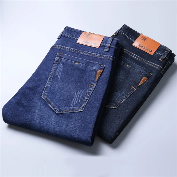 Brother Wang Classic style Men Brand Jeans Business Casual Stretch Slim Denim Pants Light Blue Black Trousers Male