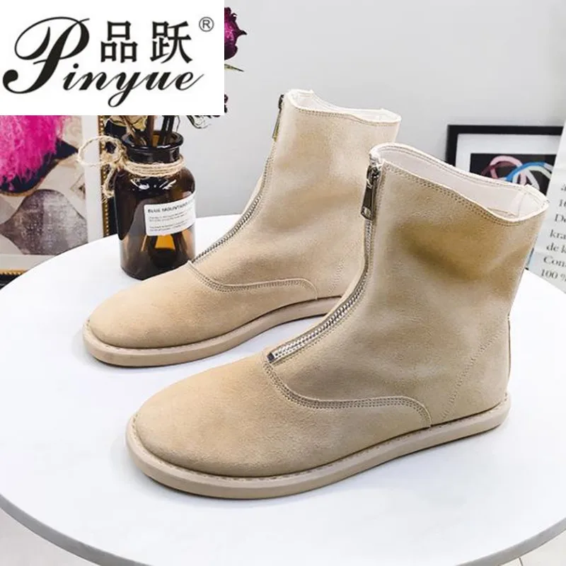 

Pig Suede Leather Casual Women's Shoes Zipper Round Toe Martin Boots Flat Heels Female Short Boots Candy 6 Colors