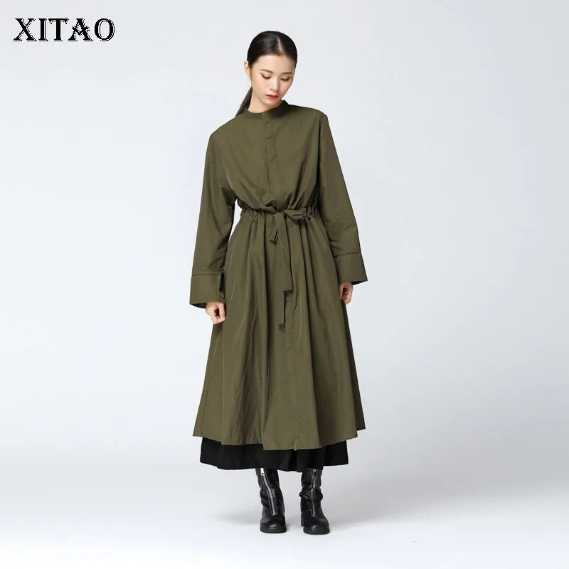 [XITAO] Корейский модный женский осенний однобортный воротник стойка длинный рукав сплошной цвет трапециевидный Тренч LJT3035