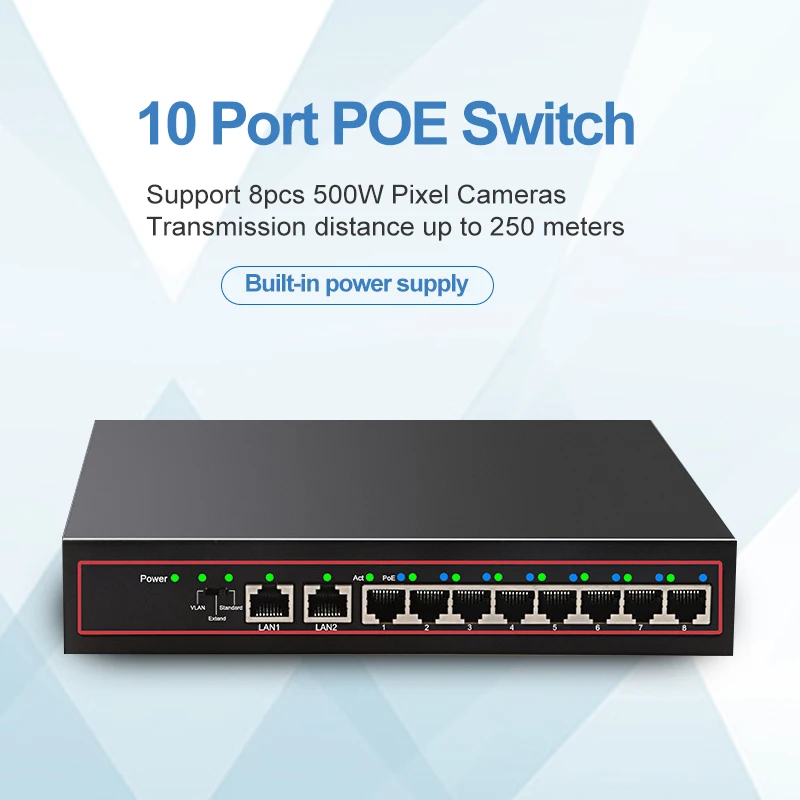 10 портов POE коммутатор 48 В питание через Ethernet сетевой коммутатор 8 PoE выключатель инъектор для ip-камеры/беспроводной AP/CCTV камеры системы
