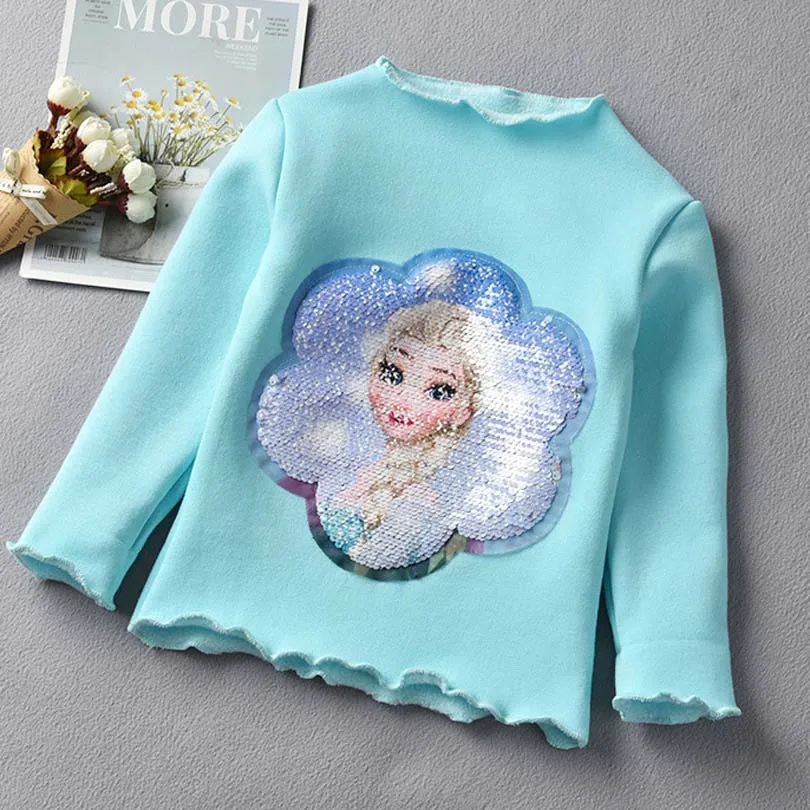Модные детские футболки принцессы Эльзы и Анны с блестками; сезон осень-зима; бархатные весенние детские футболки для девочек; топы - Цвет: G Plus velvet