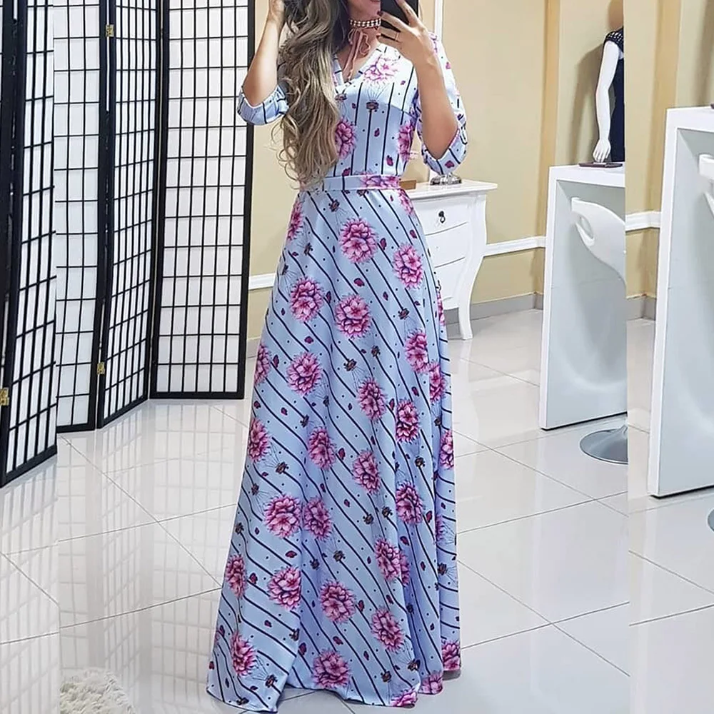 Boho, женское летнее макси платье с v-образным вырезом, милое, рукав 3/4, длина до пола, цветочный сарафан, пуловер на шнуровке, для путешествий, богемные платья