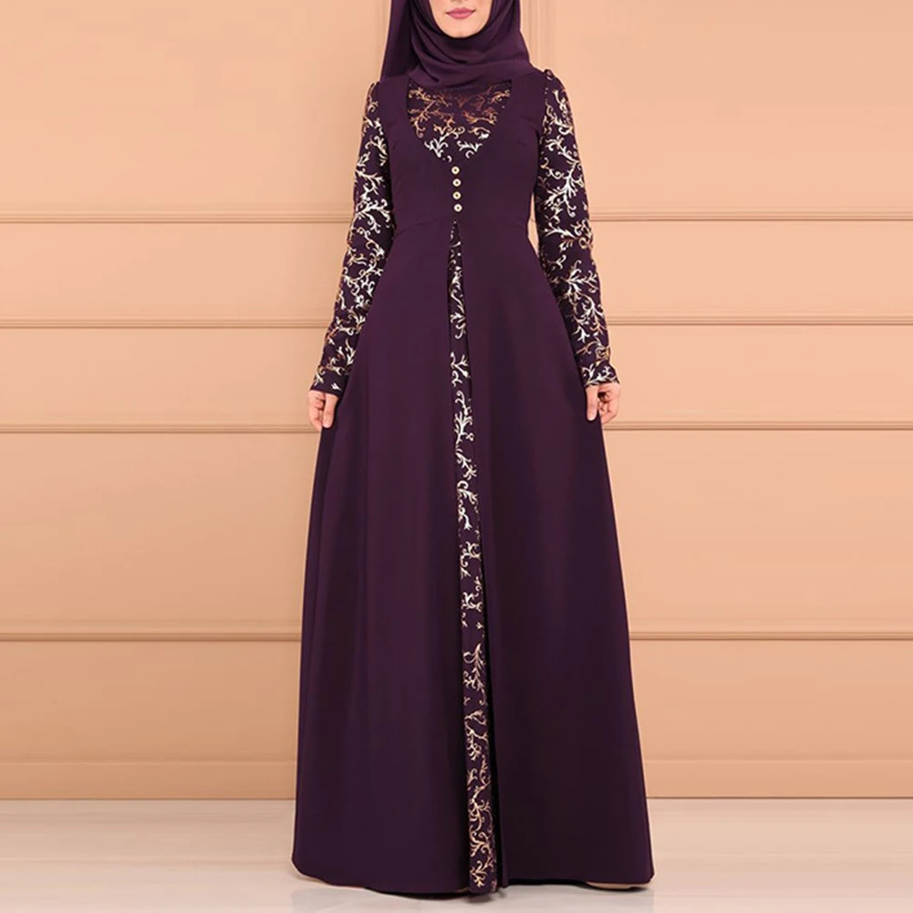 Party Elegant Muslim Women Long Sleeve Dubai Kaftan Maxi Dress without Hijab