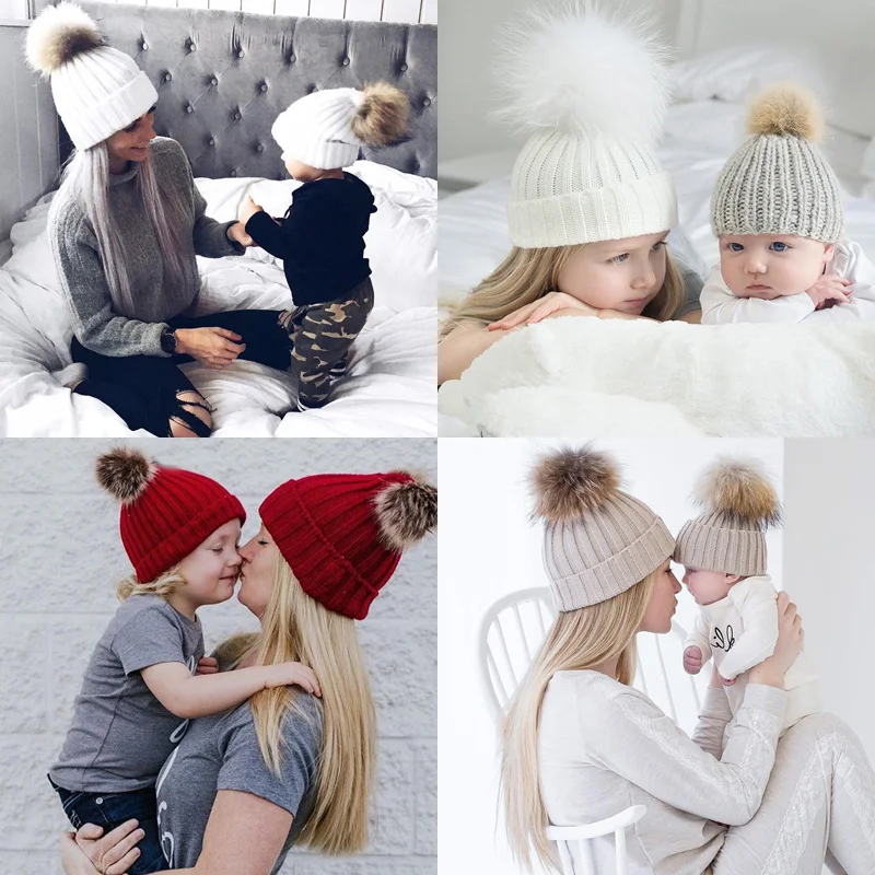 Mommy And Me Caps Women Kids Girls Boys Baby Knit Pom Bobble Hat Winter Warm Beanie Caps winter babymode