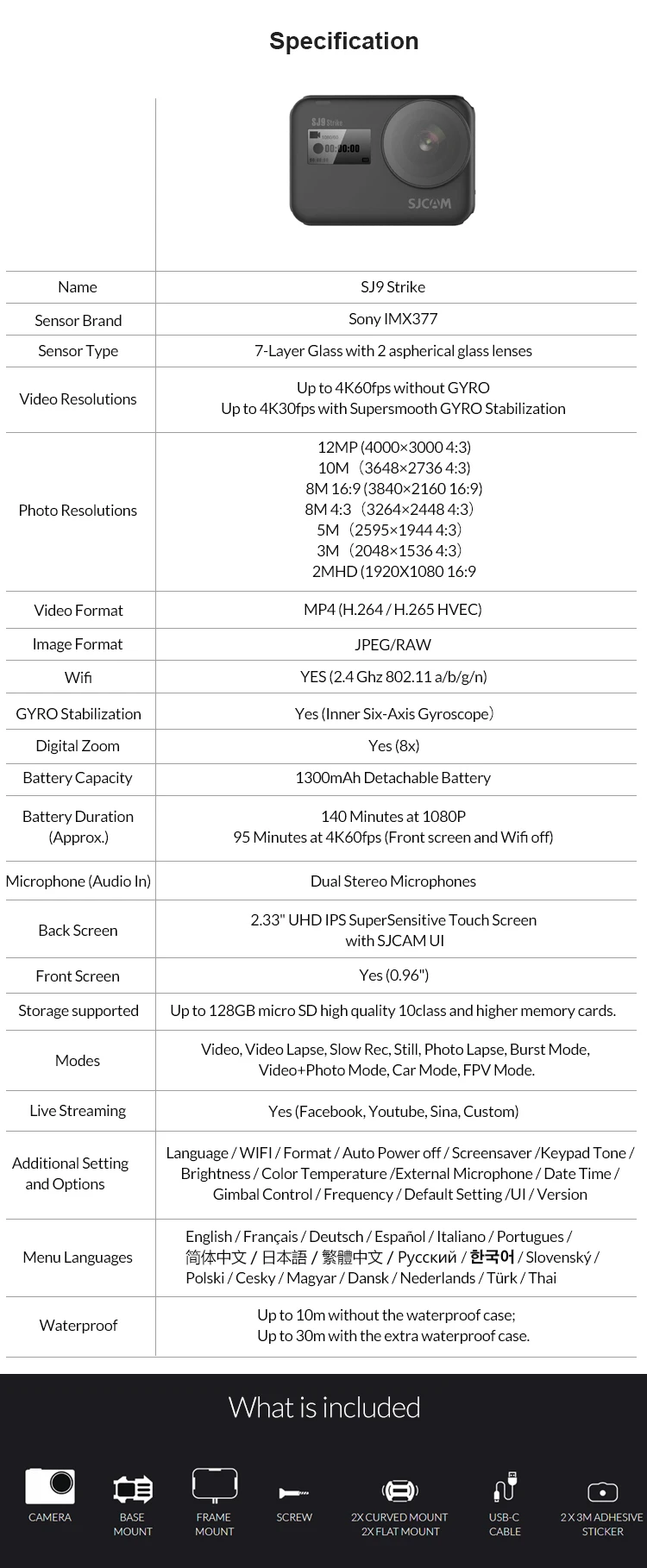 SJCAM SJ9 Strike Экшн-камера 4K 60fps WiFi Спорт DV тело Водонепроницаемый Ambarella H22 Беспроводная зарядка 2,3" экран Gyro SJ Cam