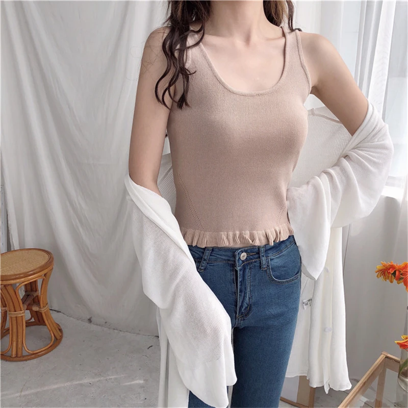Shellsuning Camisole, Женская Весенняя волнистая короткая трикотажная майка с u-образным вырезом без рукавов, однотонная простая повседневная Облегающая майка, мягкая Женская майка