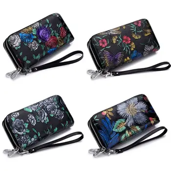 

Fashion Women Rose Embossed Long Zipper Wallet Purse Lady RFID Leather Card Coin Holder with Wrist Strap Handbag Phone Pouch Bag