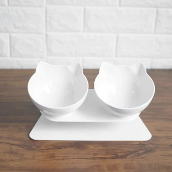

Pet Double Bowls Feeding Device For Indoor Cat Ears Plastic Tilted Feeder, Easy To Clean