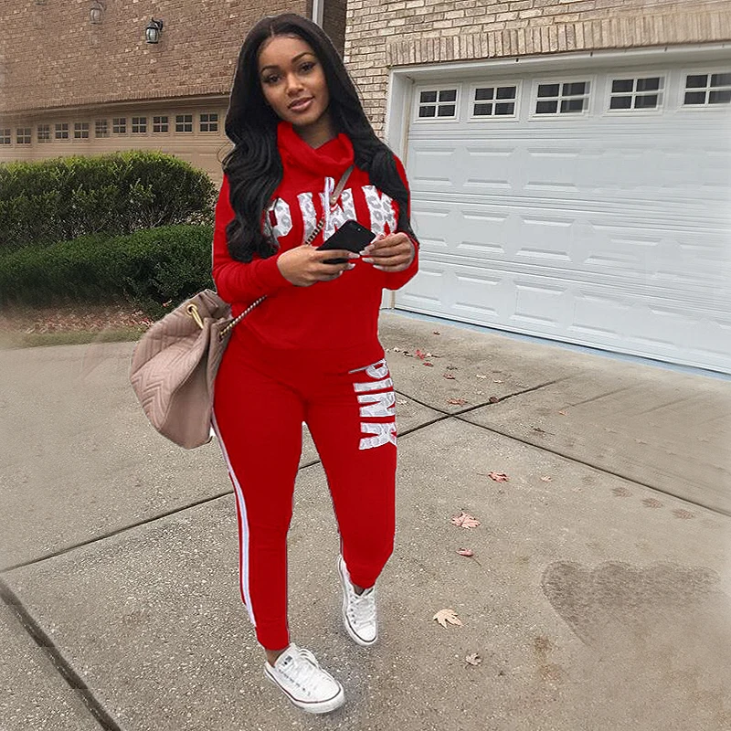 

Plus Size Tracksuit Women 2 Piece Set Casual Outfit Pink Letter Print Turtleneck Hoodies Sweatshirt Pants Suit Street Sweat Suit