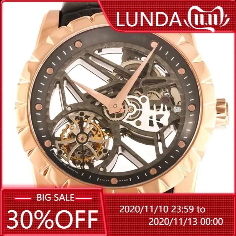 JB RDDBEX0393 Montre DE Luxe 45mm diameter Tourbillon movement hollowed-out sword-shaped pointer stainless steel case mens watch afbeelding