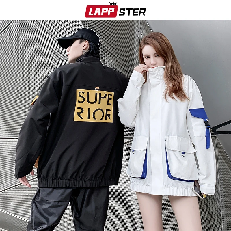 

LAPPSTER Men Pockets Black Bomber Jackets Windbreaker 2019 Mens Japanese Streetwear Korean Jackets Couple Color Block Coats