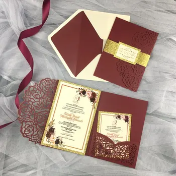 

1pcs Burgundy Tri fold Laser Cut Pocket Wedding Invitation Cards Envelope RSVP Belt Ribbon Bridal shower Invite Quinceanera