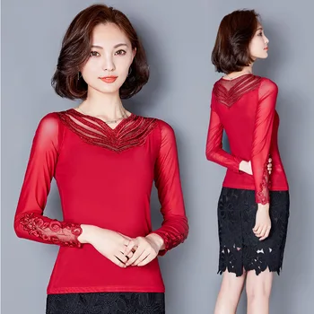 

Blouses Shirt 2020 Autumn New Lace Bottoming Shirt Flower Shirts See Through Basic Female Elegant Long-sleeve Women Tops BB460